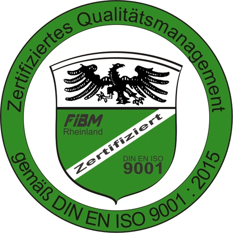 Siegel: Zertifiziertes Qualitätsmanagement gemäß DIN EN ISO 9001:2015, FiBM Rheinland